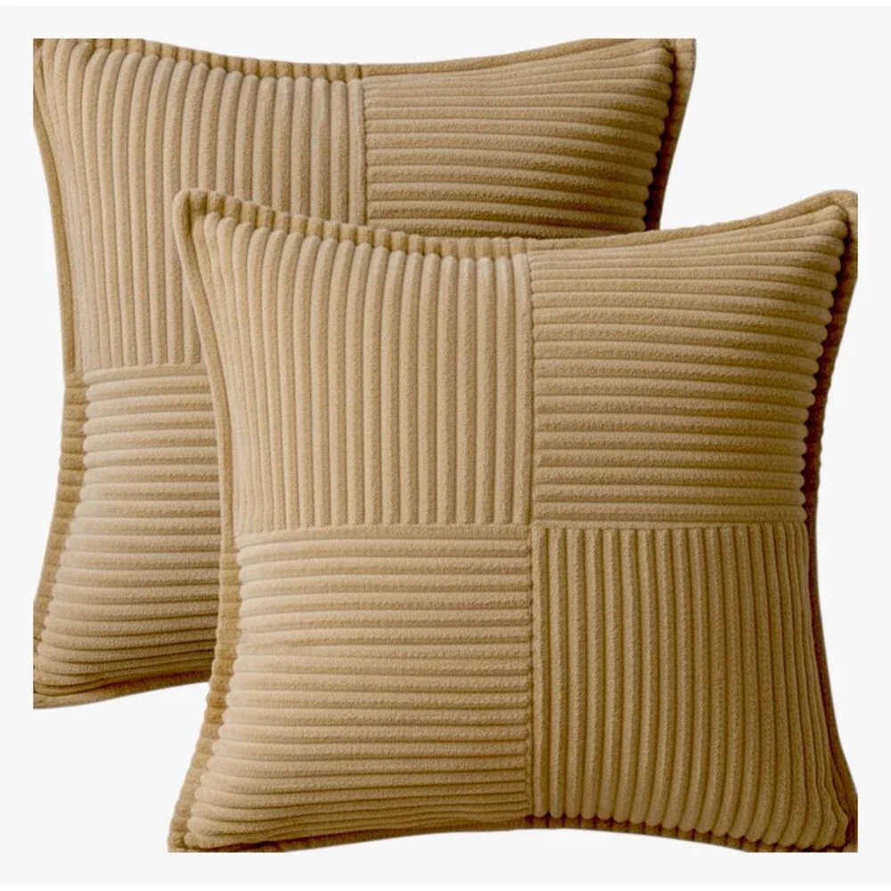 Set Of 2 Pillow Covers With Splicing. 18” X 18” Tan Soft Corduroy